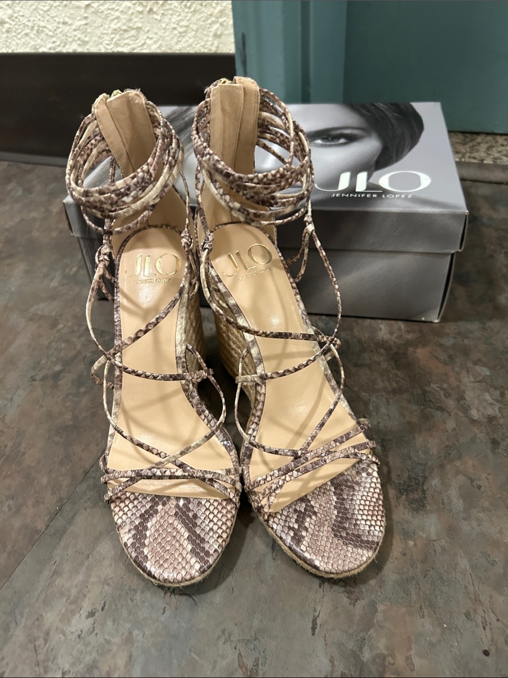 Jennifer Lopez Taupe Snake-Print Wedge Sandals with Jute Platform - Picture 8 of 16